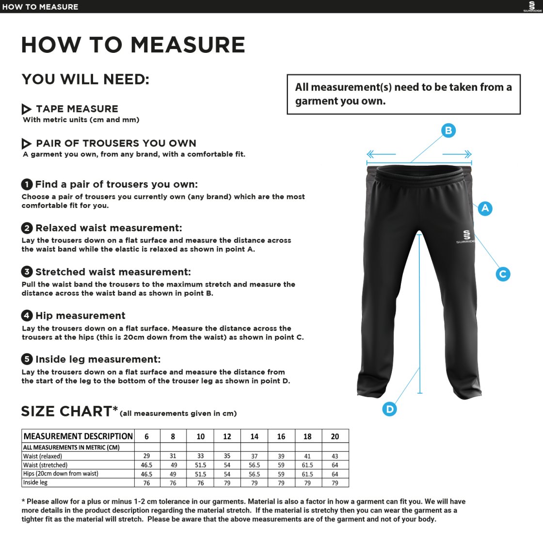 Norwich Bystanders CC - Women's Rip Stop Track Pant - Size Guide