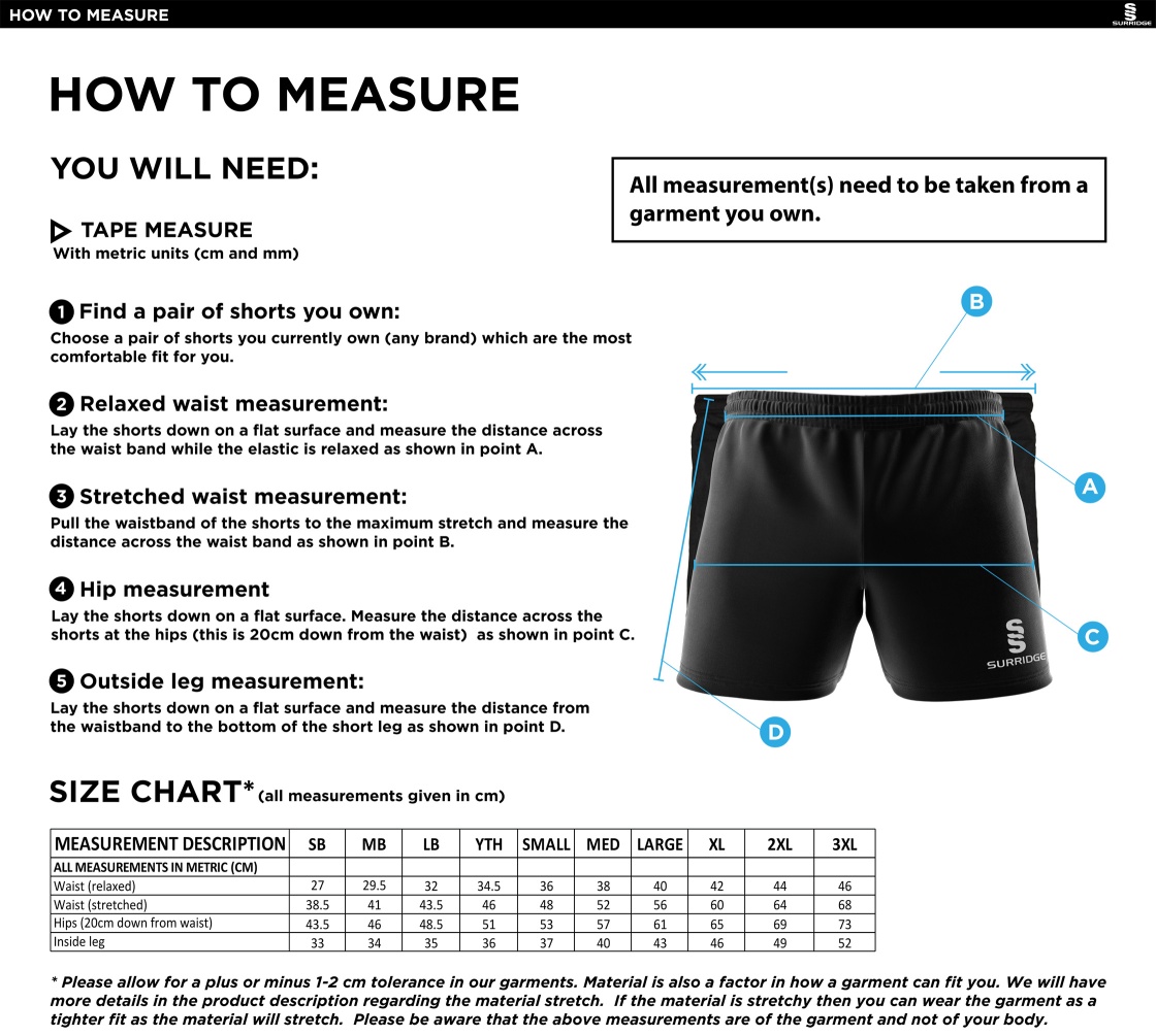 Norwich Bystanders CC - Gym Short - Size Guide