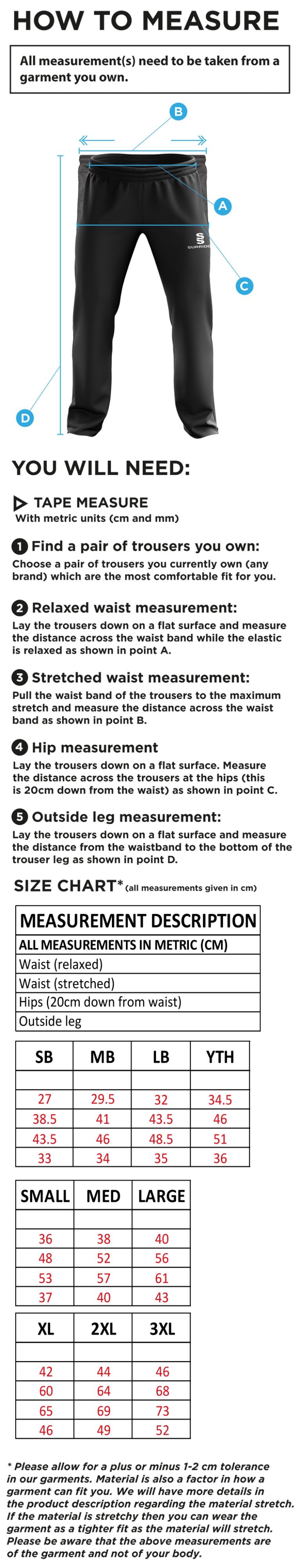 Norwich Bystanders CC - Ripstop Track Pant - Size Guide