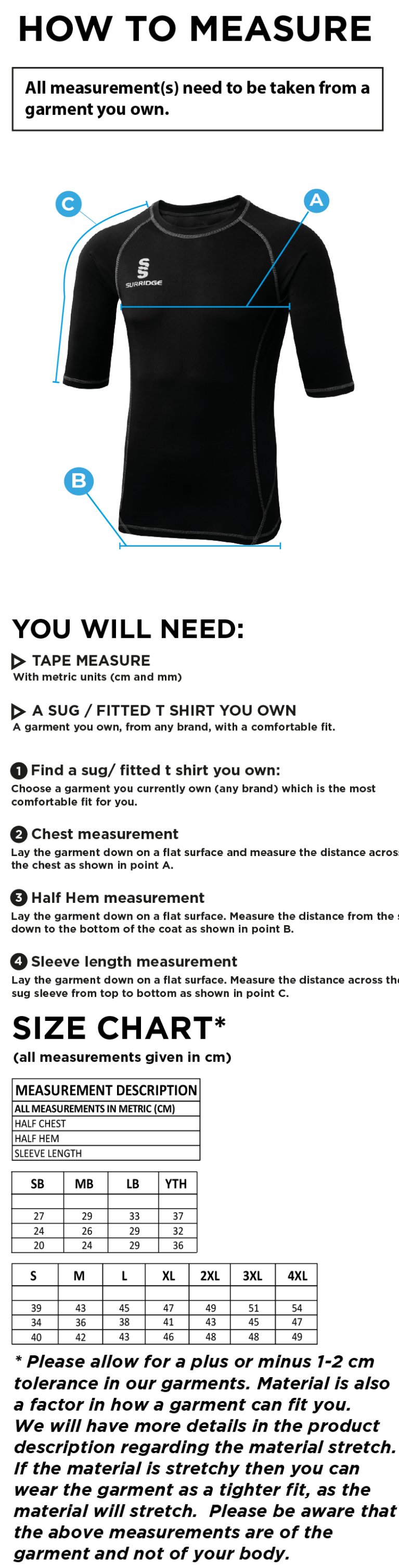 Norwich Bystanders CC - Premier Short Sleeve Sug - Size Guide