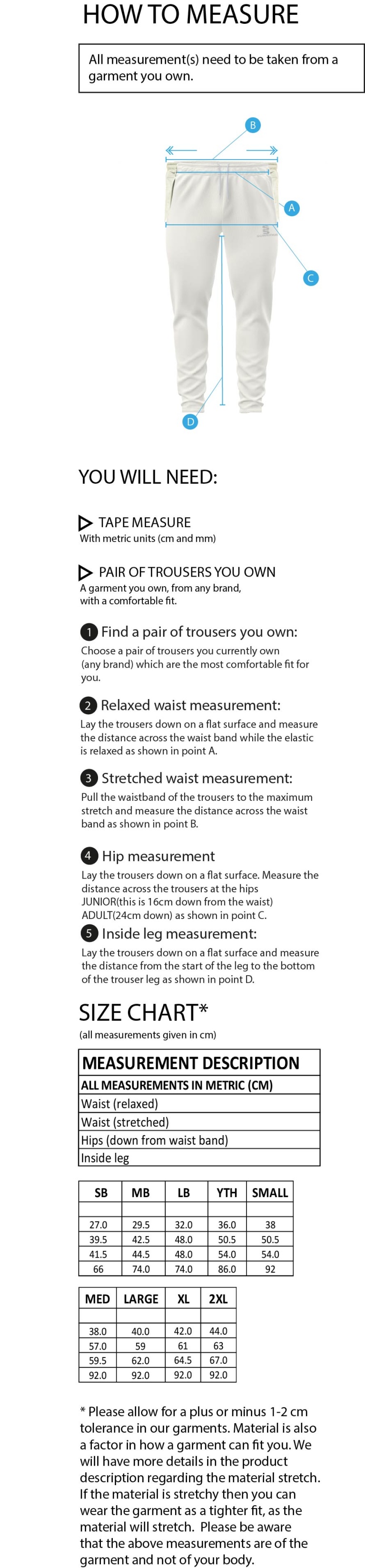 Norwich Bystanders CC - Blade Playing Pants - Size Guide