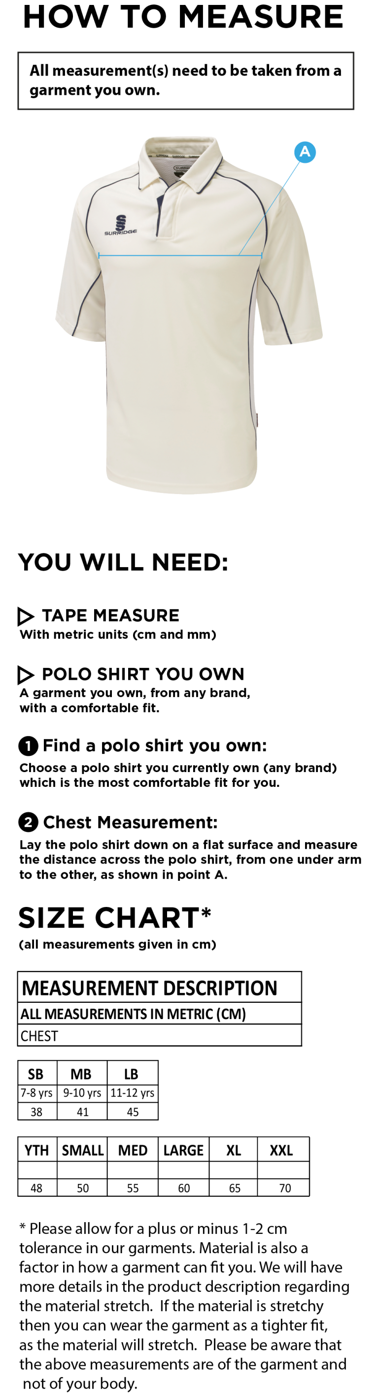 Norwich Bystanders CC - Premier 3/4 Sleeve Maroon Trim Shirt - Size Guide