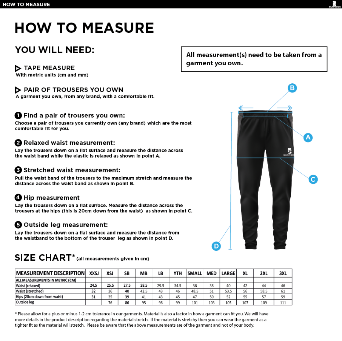 Norwich Bystanders CC - Tek Slim Training Pants - Size Guide