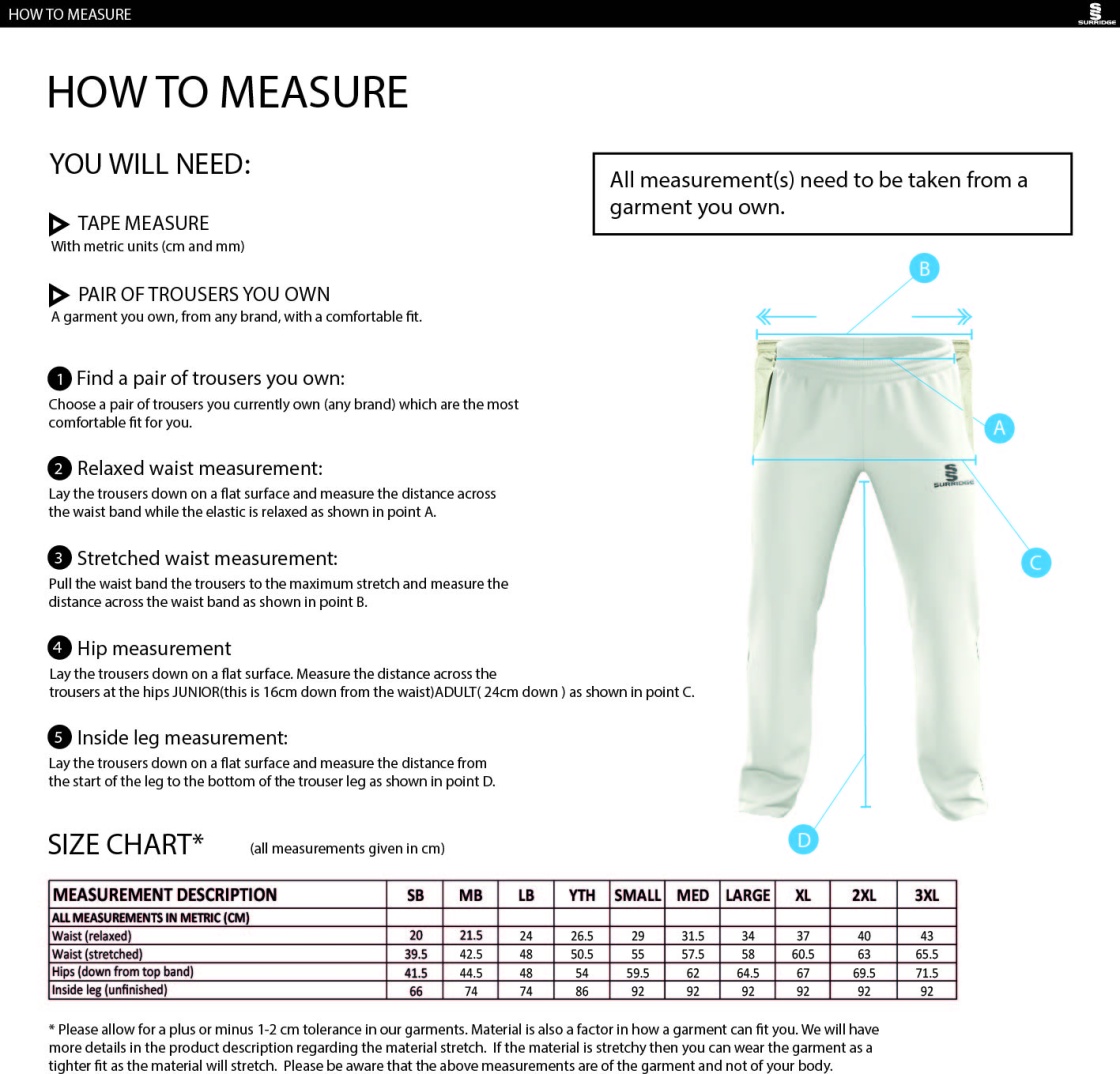 Norwich Bystanders CC - Standard Playing Pant - Size Guide