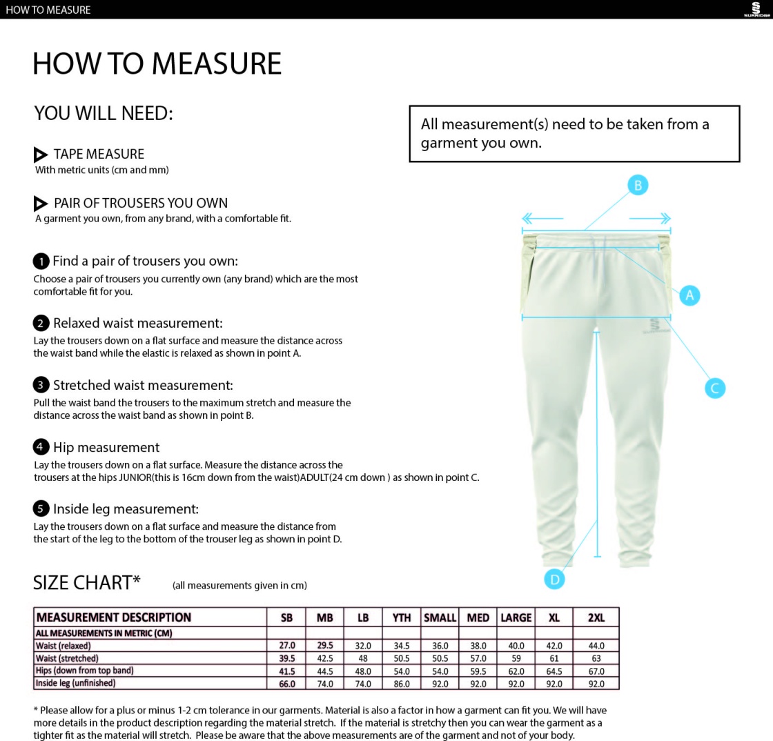 Norwich Bystanders CC - Blade Playing Pants - Size Guide