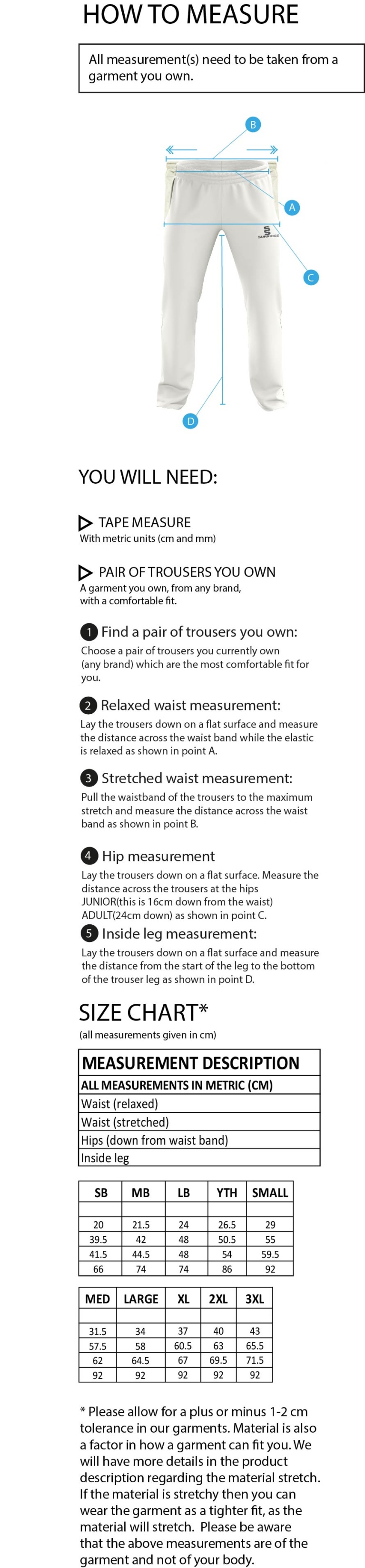 Norwich Bystanders CC - Standard Playing Pant - Size Guide