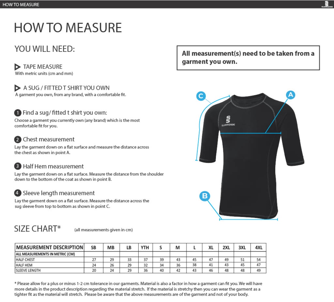 Norwich Bystanders CC - Premier Short Sleeve Sug - Size Guide