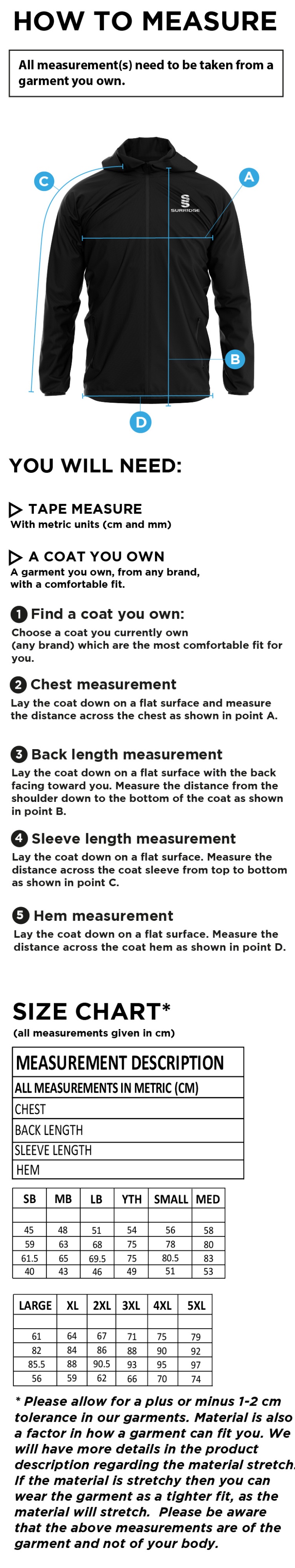 Norwich Bystanders CC - Training Jacket - Size Guide