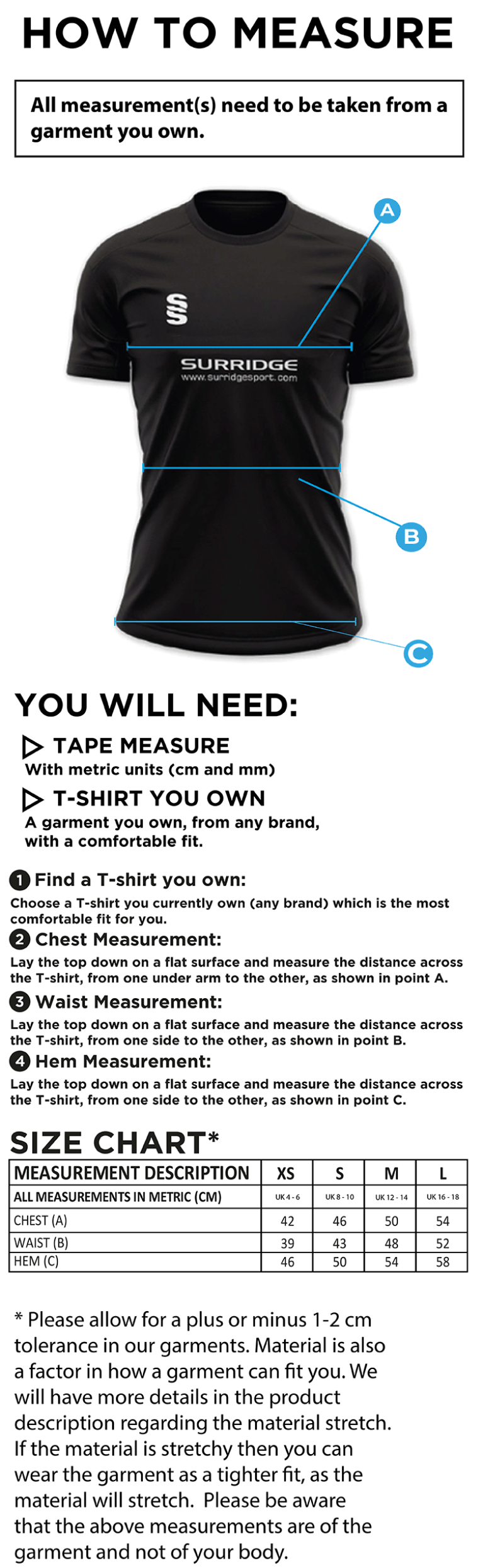 Norwich Bystanders CC - Women's Dual Games Shirt - Size Guide