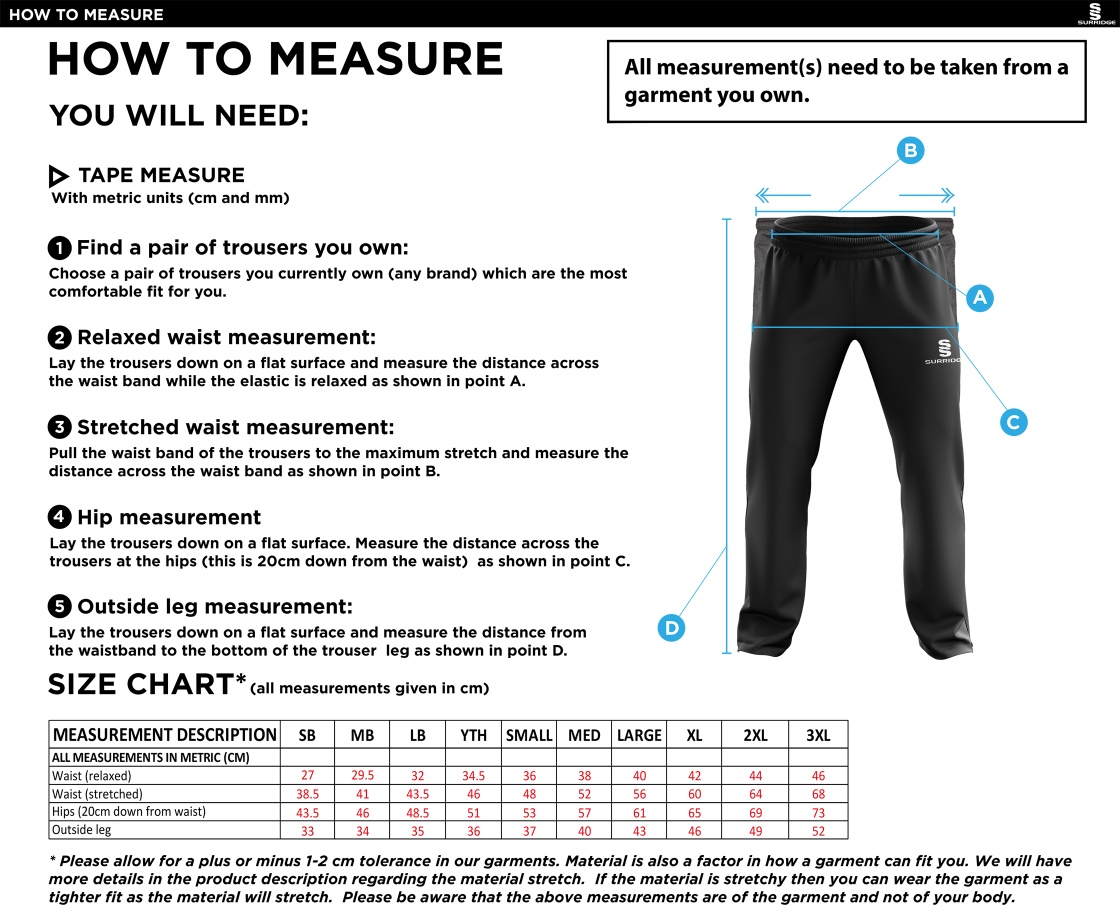 Norwich Bystanders CC - Ripstop Track Pant - Size Guide