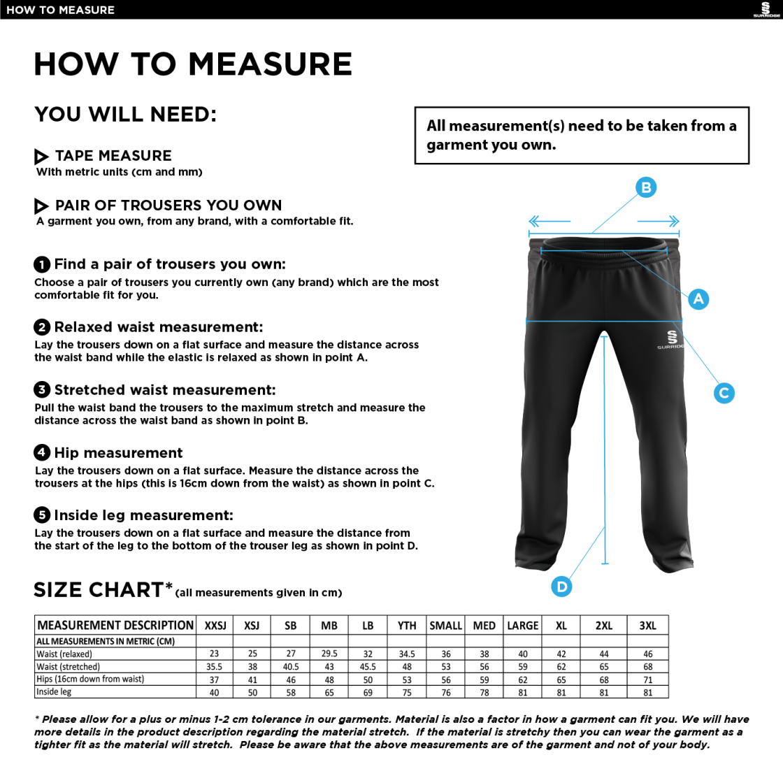 Norwich Bystanders CC - Poplin Track Pant - Size Guide