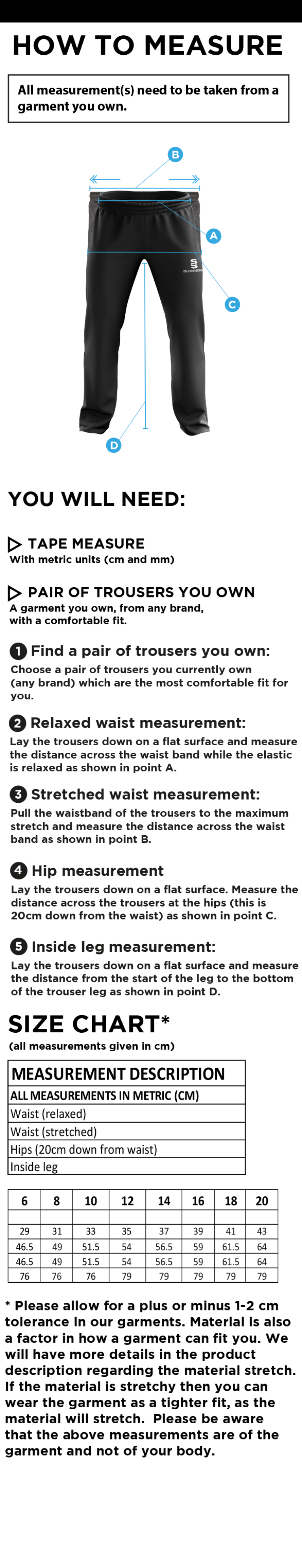Norwich Bystanders CC - Women's Poplin Track Pant - Size Guide