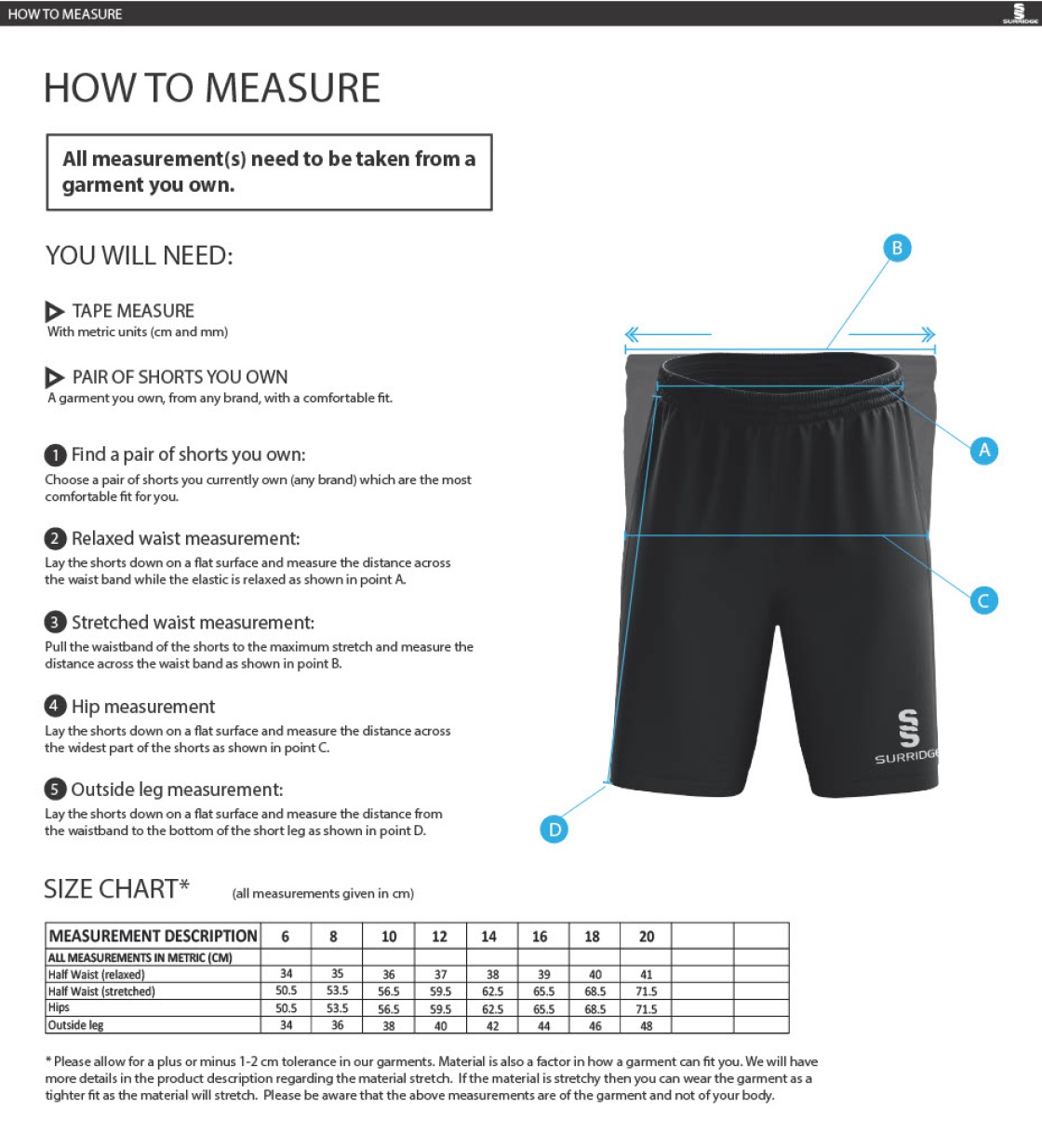 Norwich Bystanders CC - Women's Ripstop Short - Size Guide