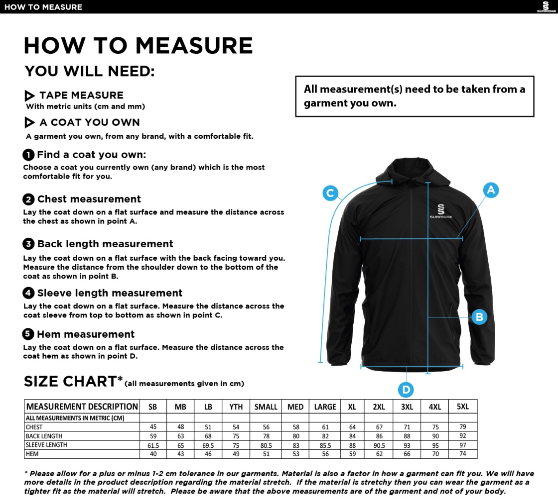 Norwich Bystanders CC - Training Jacket - Size Guide