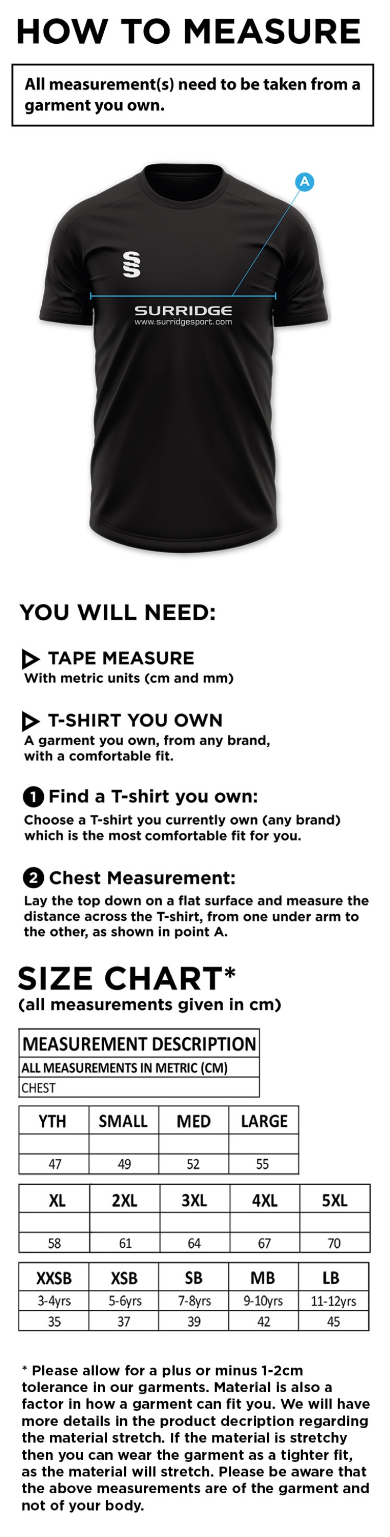 Norwich Bystanders CC - Dual Games Shirt - Size Guide