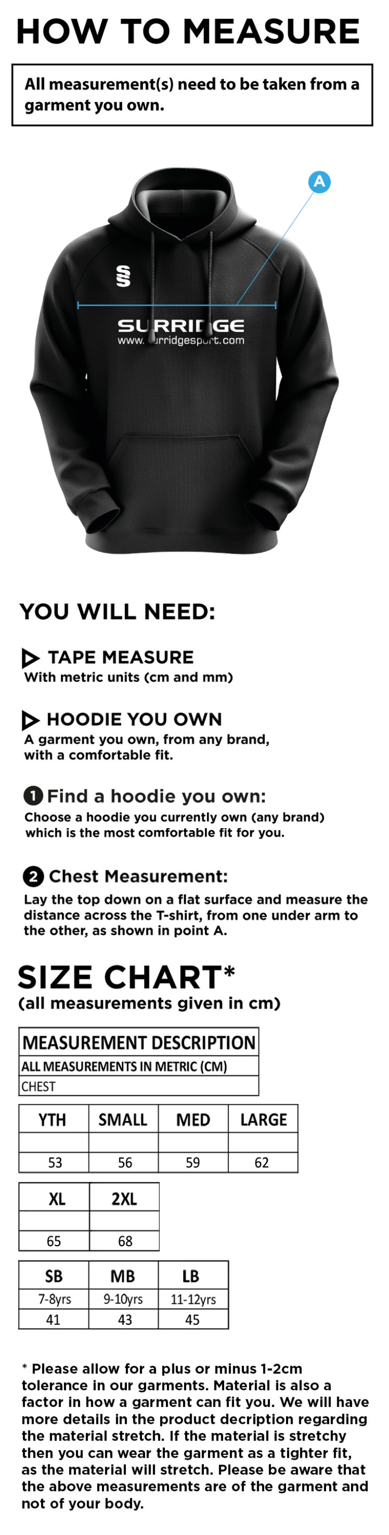 Norwich Bystanders CC - Blade Hoody - Size Guide