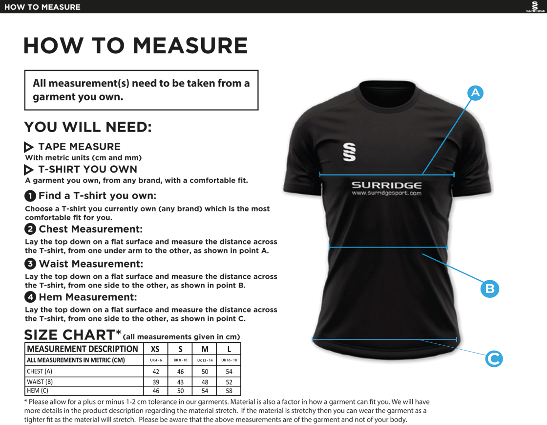 Norwich Bystanders CC - Women's Dual Games Shirt - Size Guide