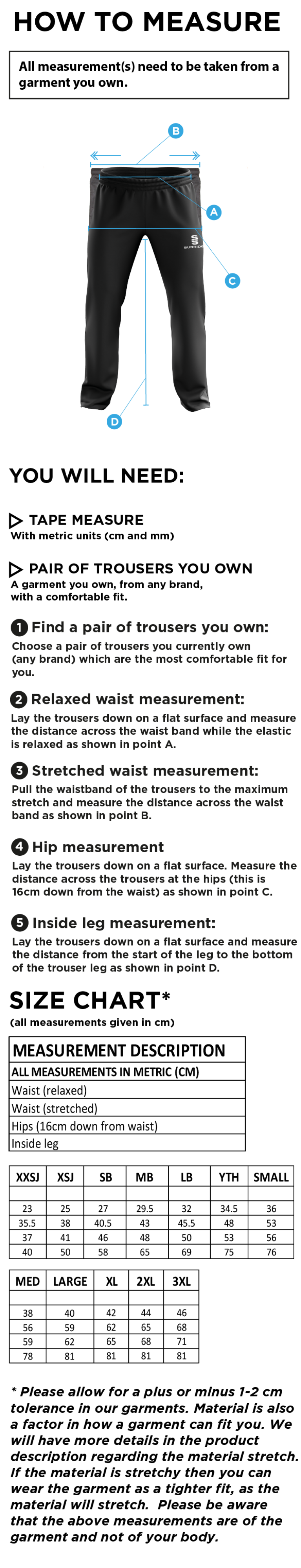 Norwich Bystanders CC - Poplin Track Pant - Size Guide