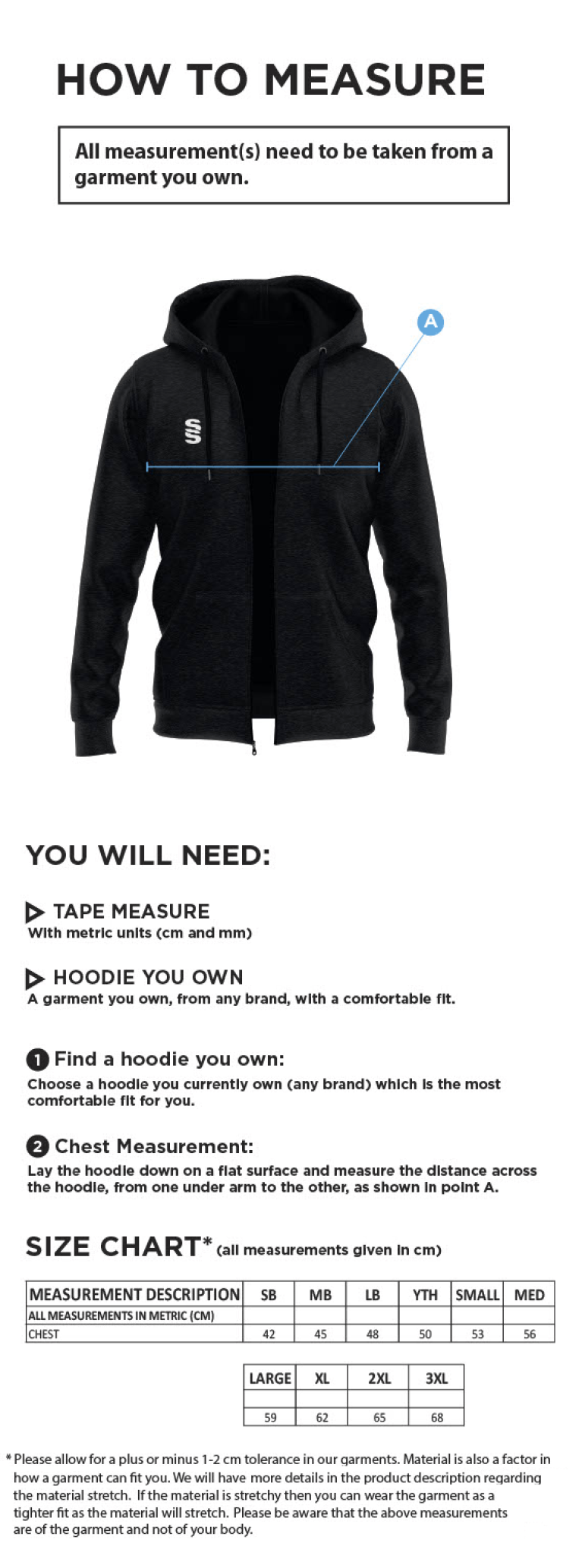 Norwich Bystanders CC - Dual Hoody - Size Guide